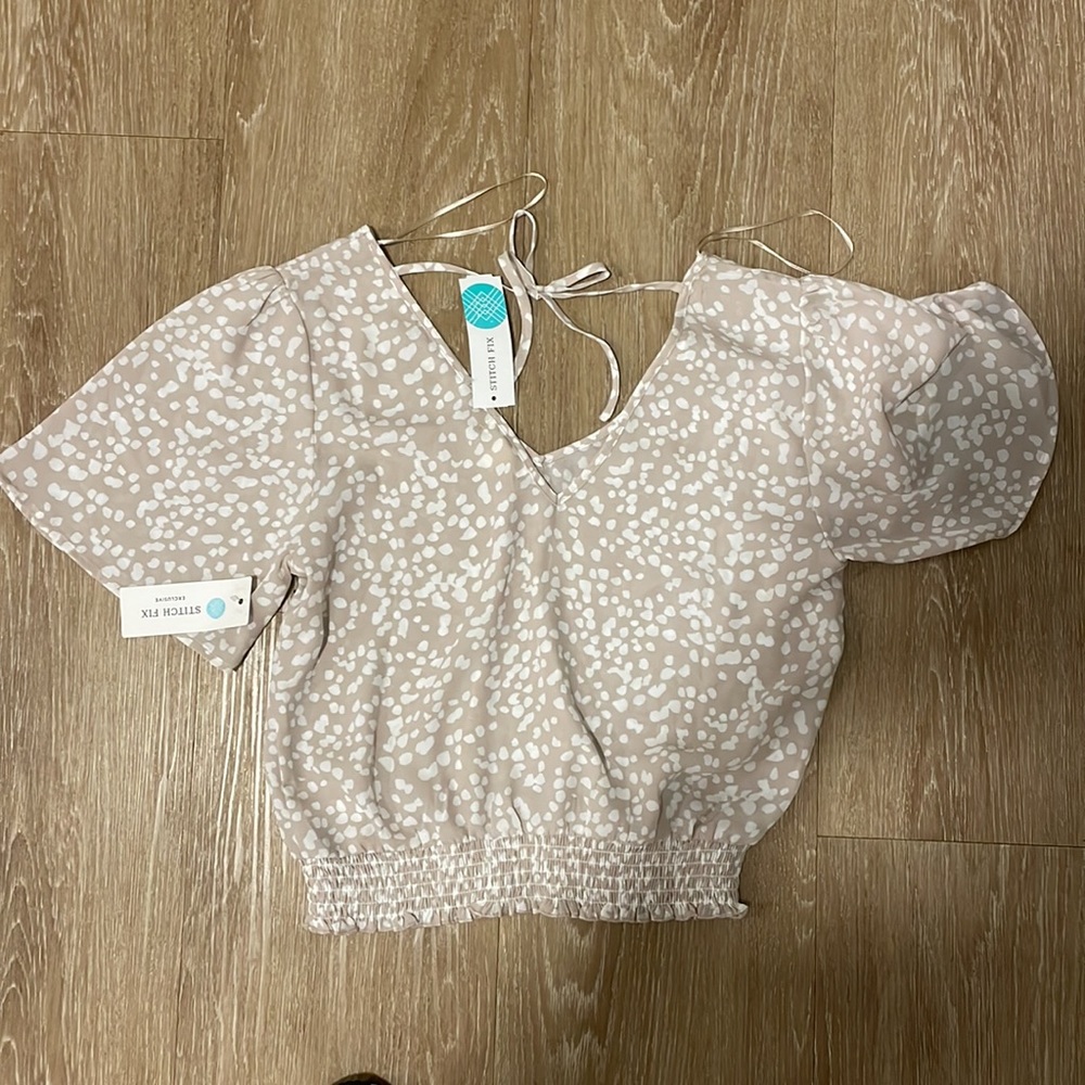 Pale pink and dotted small V neck blouse.